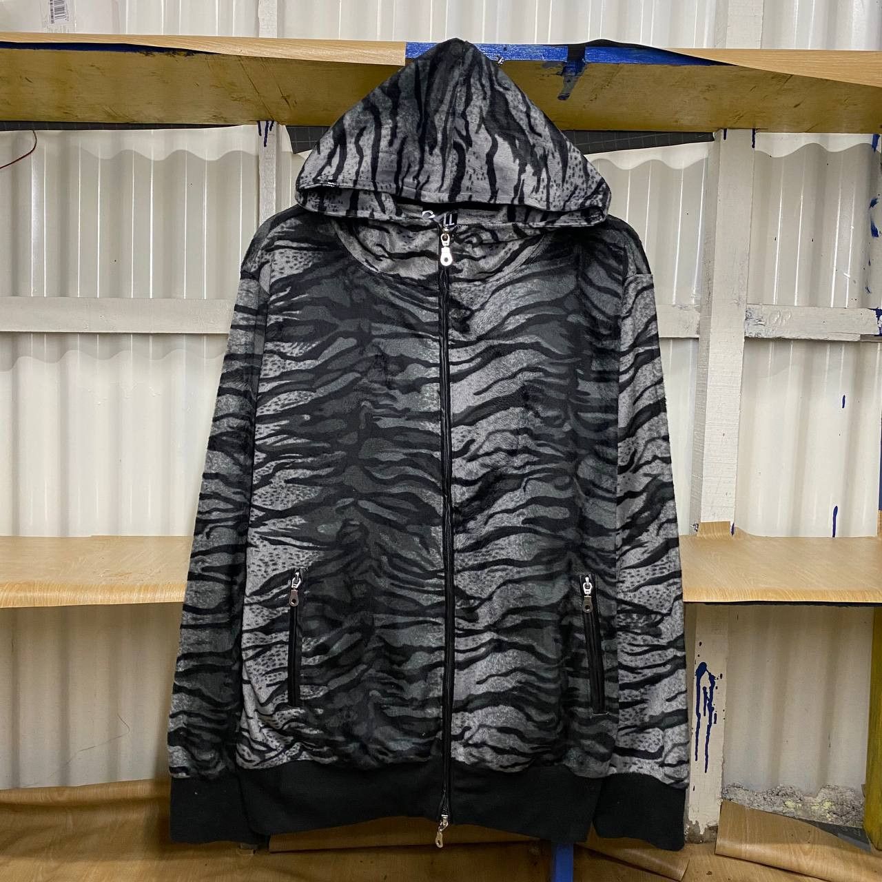 image of Vintage Tiger Stripe Pile Fleece Zipper Hoodies in Mix, Men's (Size Large)