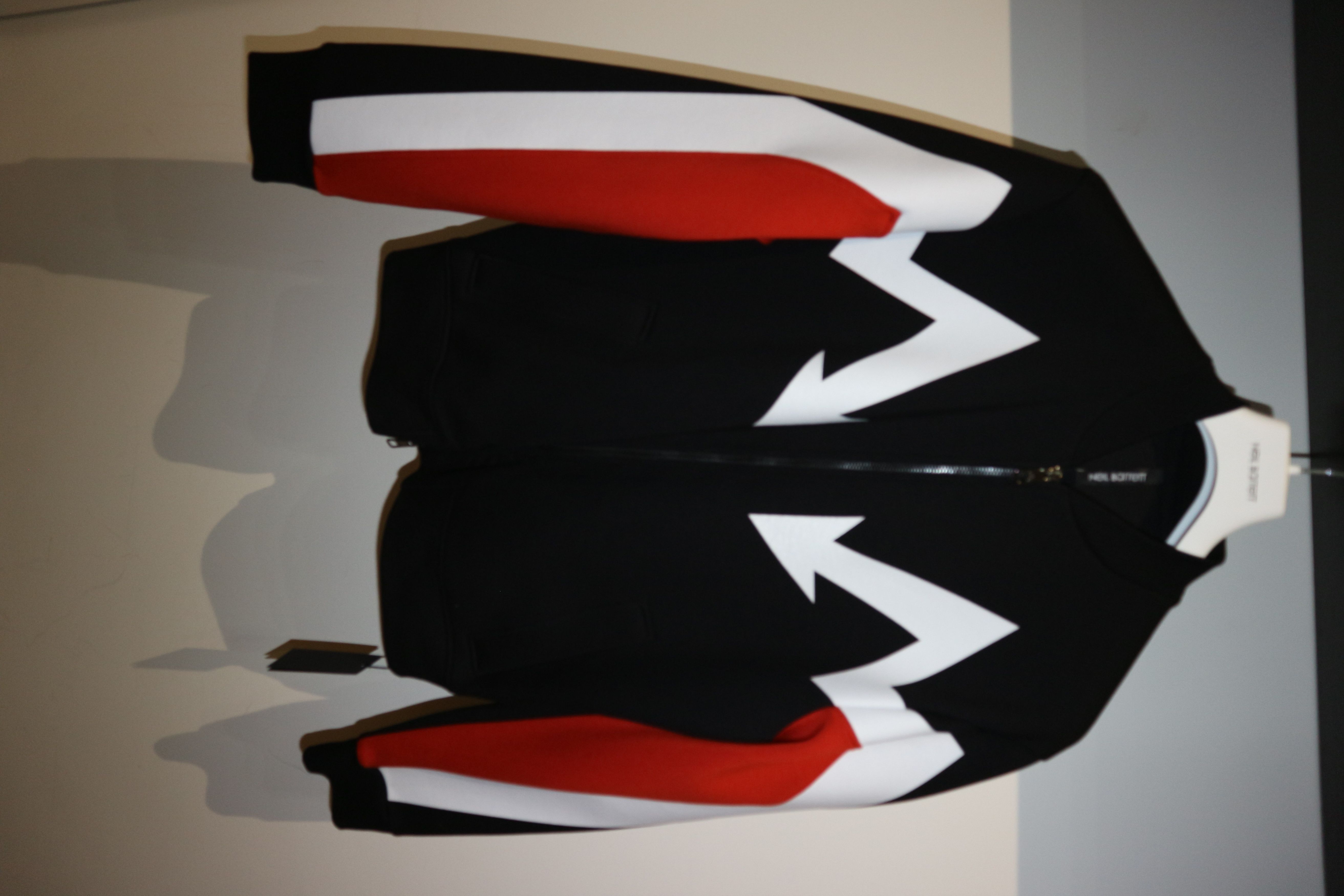 image of Neil Barrett Arrow Print Neoprene Jacket in Black/Red/White, Men's (Size XL)