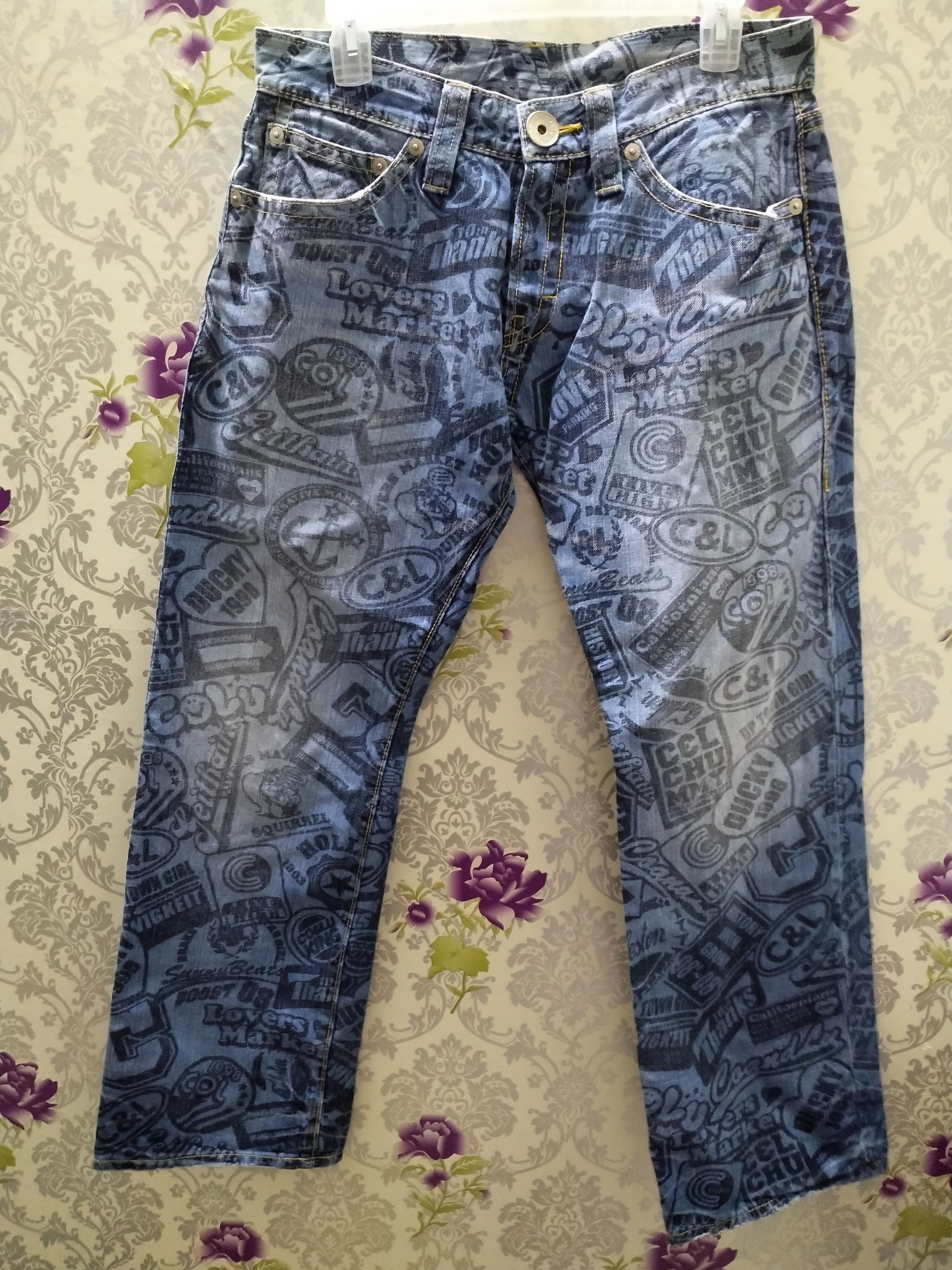 image of Distressed Denim x Hysteric Glamour Need Gone Now..co&lu Allover Print Staight Jeans in Blue (Size 