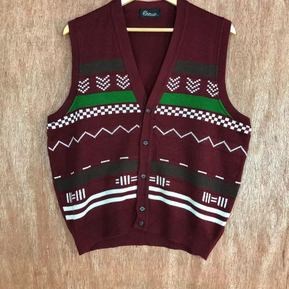 Japanese Brand F.J.R Club Maroon Knit Vest Cardigan #449 Size US L / EU 52-54 / 3 - 2 Thumbnail