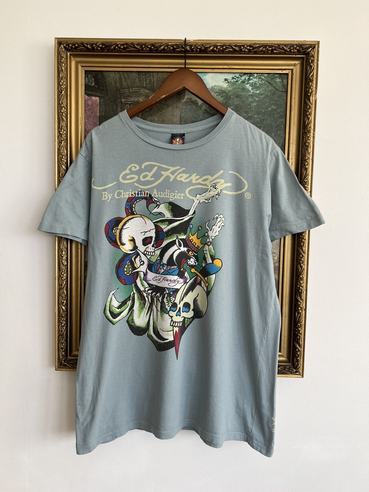 Ed Hardy Christian Audigier Skull Snake Streetwear Blue Tee