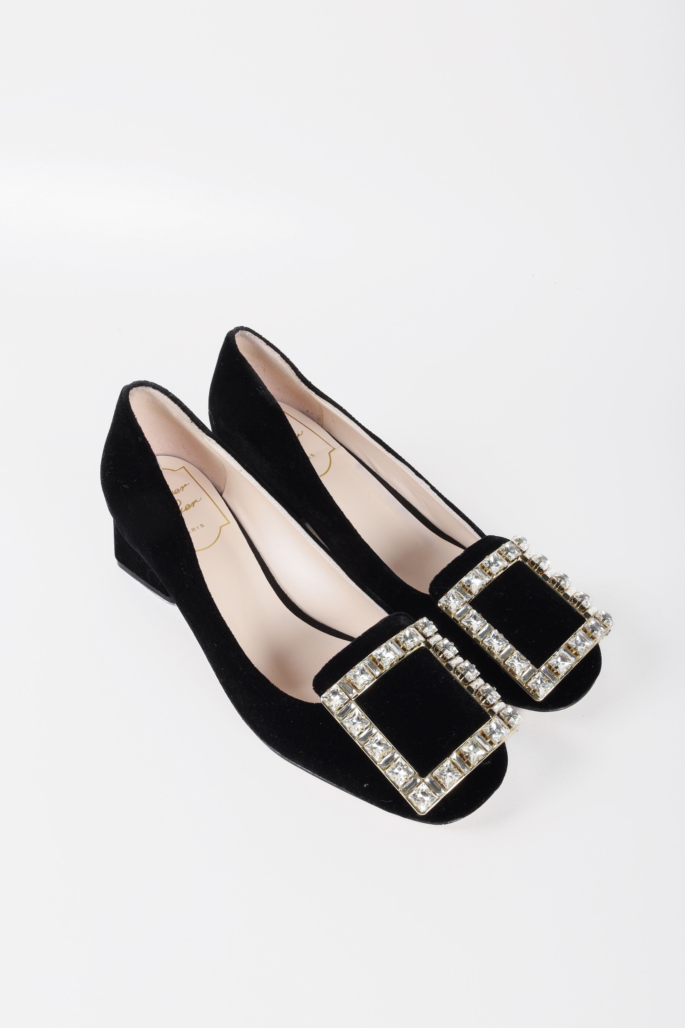Roger Vivier Tres Vivier Crystal Buckle Black Velvet Pumps
