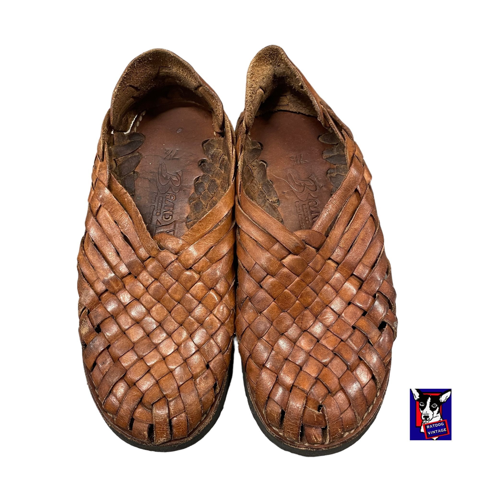 70s VTG Brown Woven Leather Mexican Huarache Shoes Low Top B