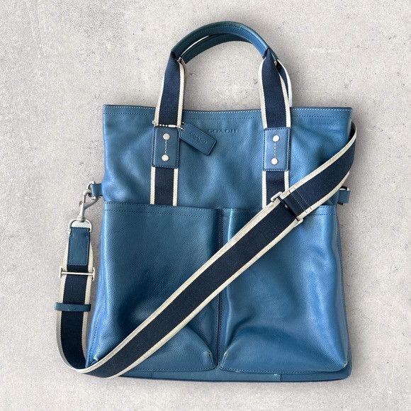 Coach Heritage Web F70558 Blue Leather Foldover Tote Messenger Bag Grailed