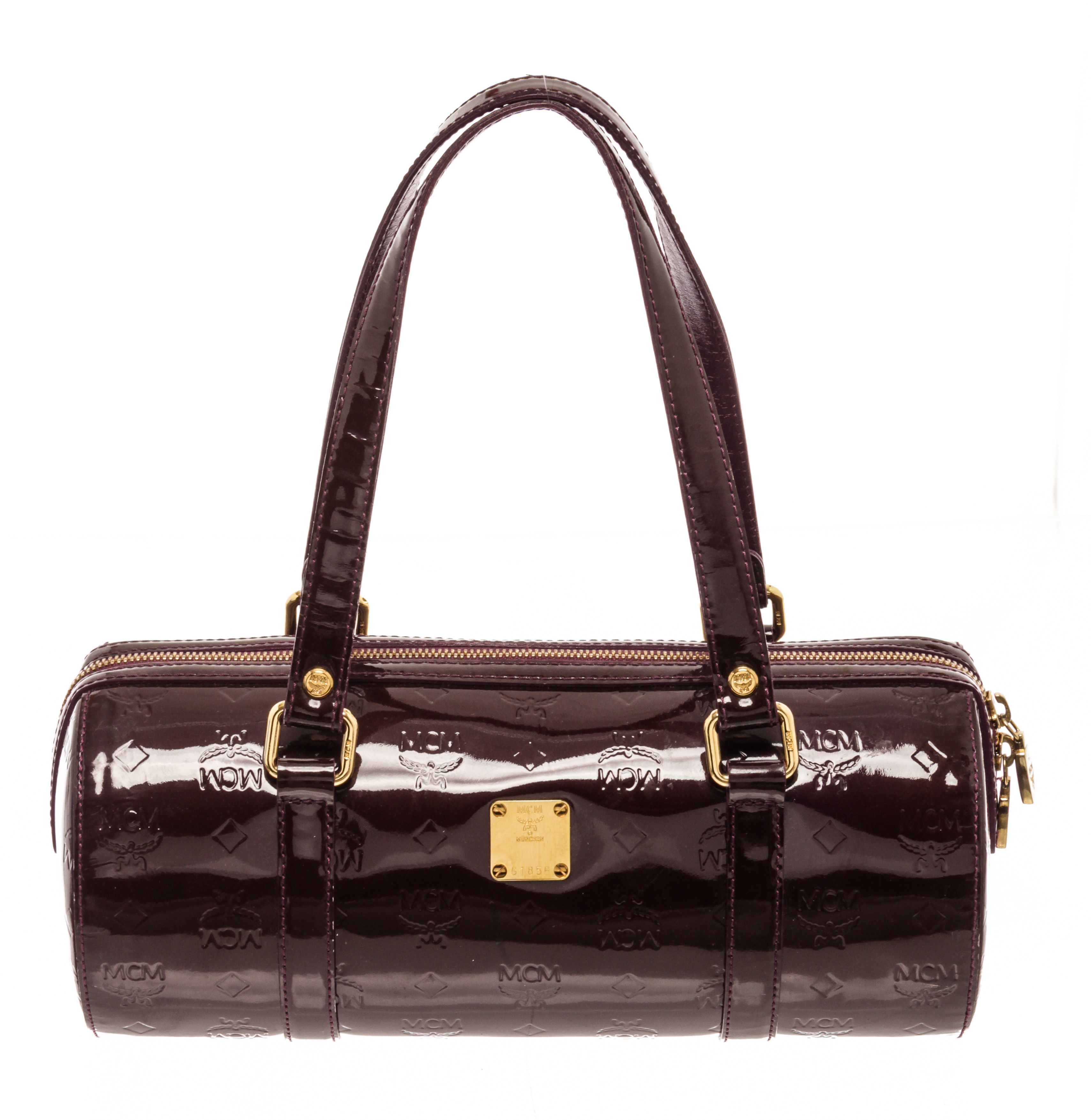 MCM Burgundy Patent Leather Barrel Shoulder Bag Bags Luggage