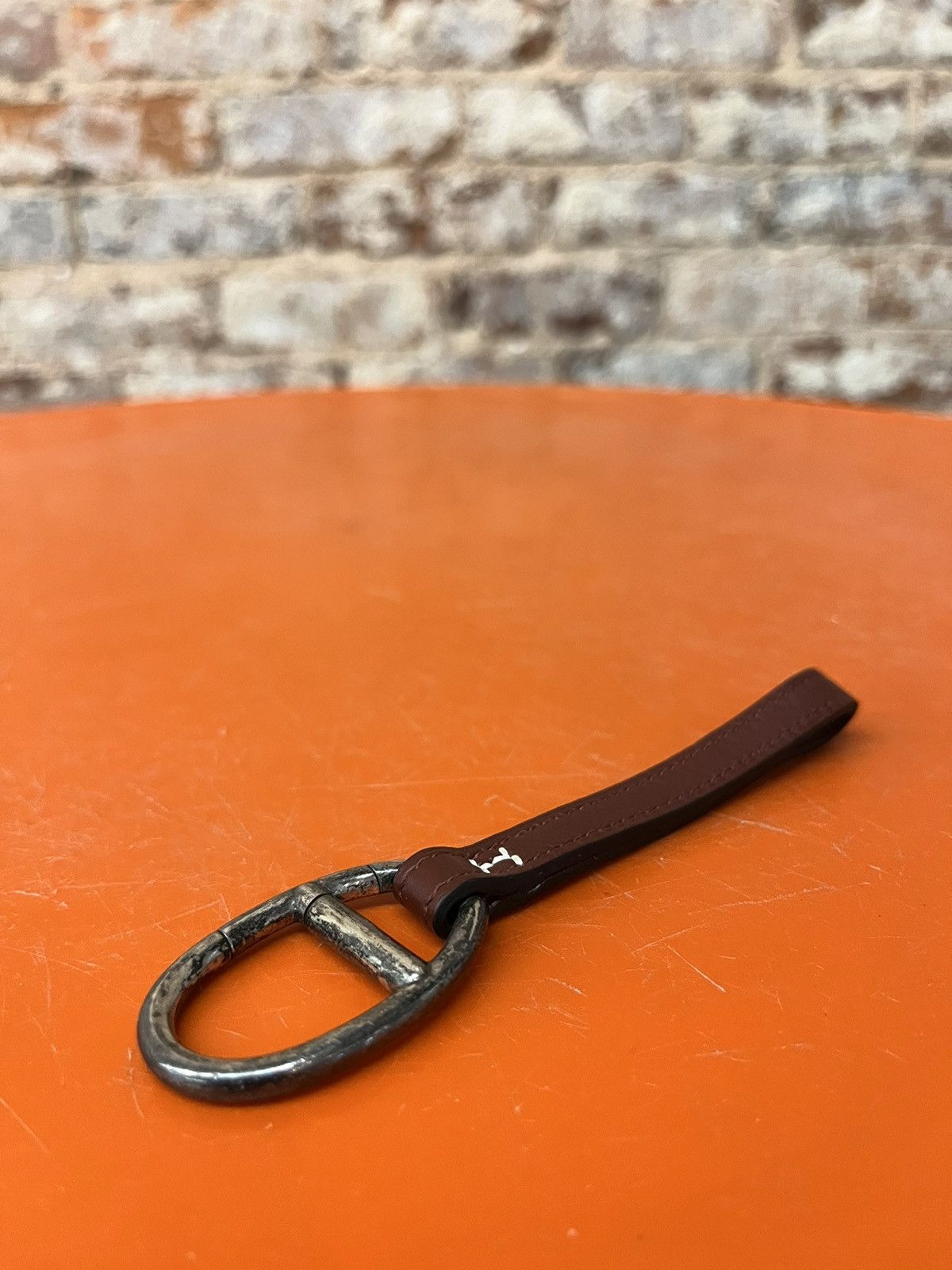 Hermés Sterling Silver Brown Leather Key Ring/ Bag Charm Miscellaneous