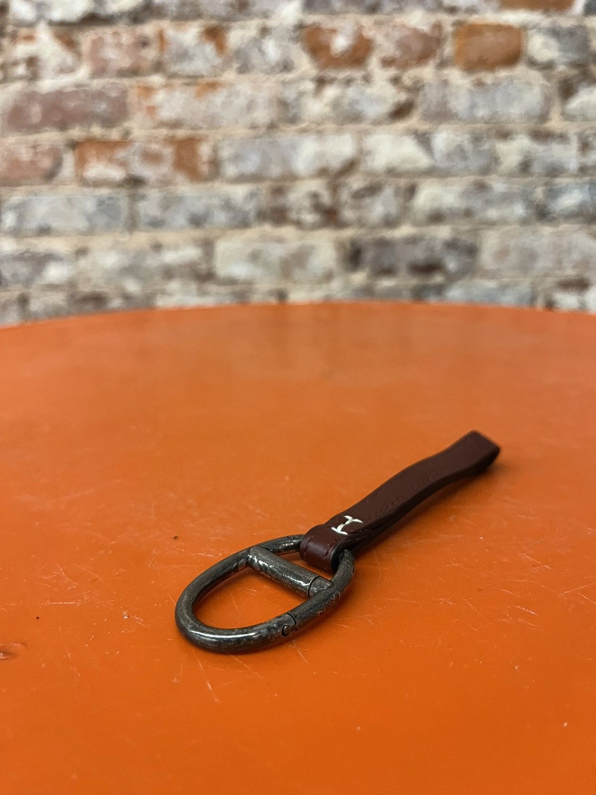 Hermés Sterling Silver Brown Leather Key Ring/ Bag Charm Miscellaneous