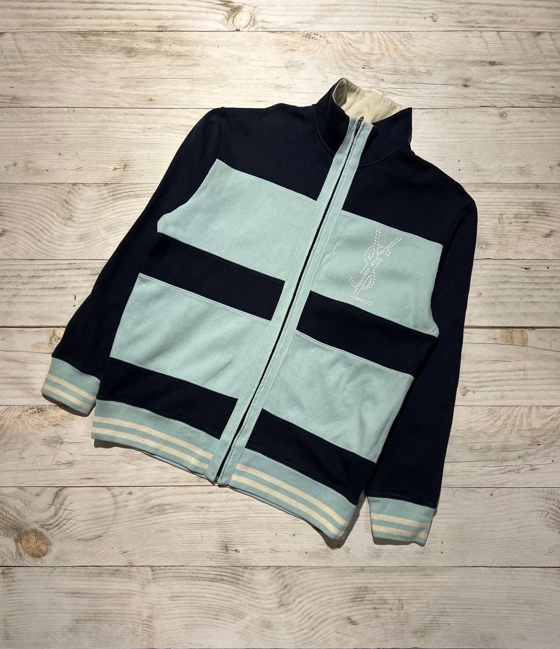 image of Vintage YVES Saint Laurent Sweatshirt Full Zip Jumper YSL in Blue, Men's (Size Large)