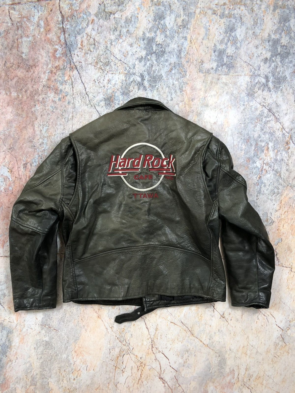 image of Hard Rock Cafe x Leather Jacket Hard Rock Vintage Leather Bike Jacket in Black, Men's (Size Large)