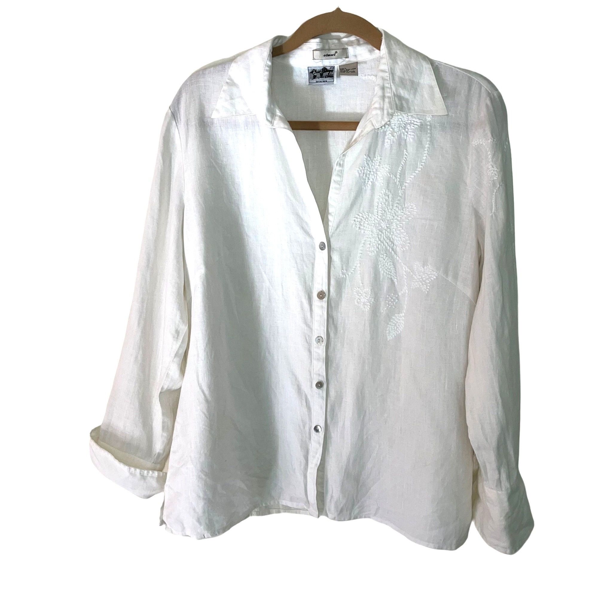 Edward Irish Linen Blouse Womens Large Embroidered Button