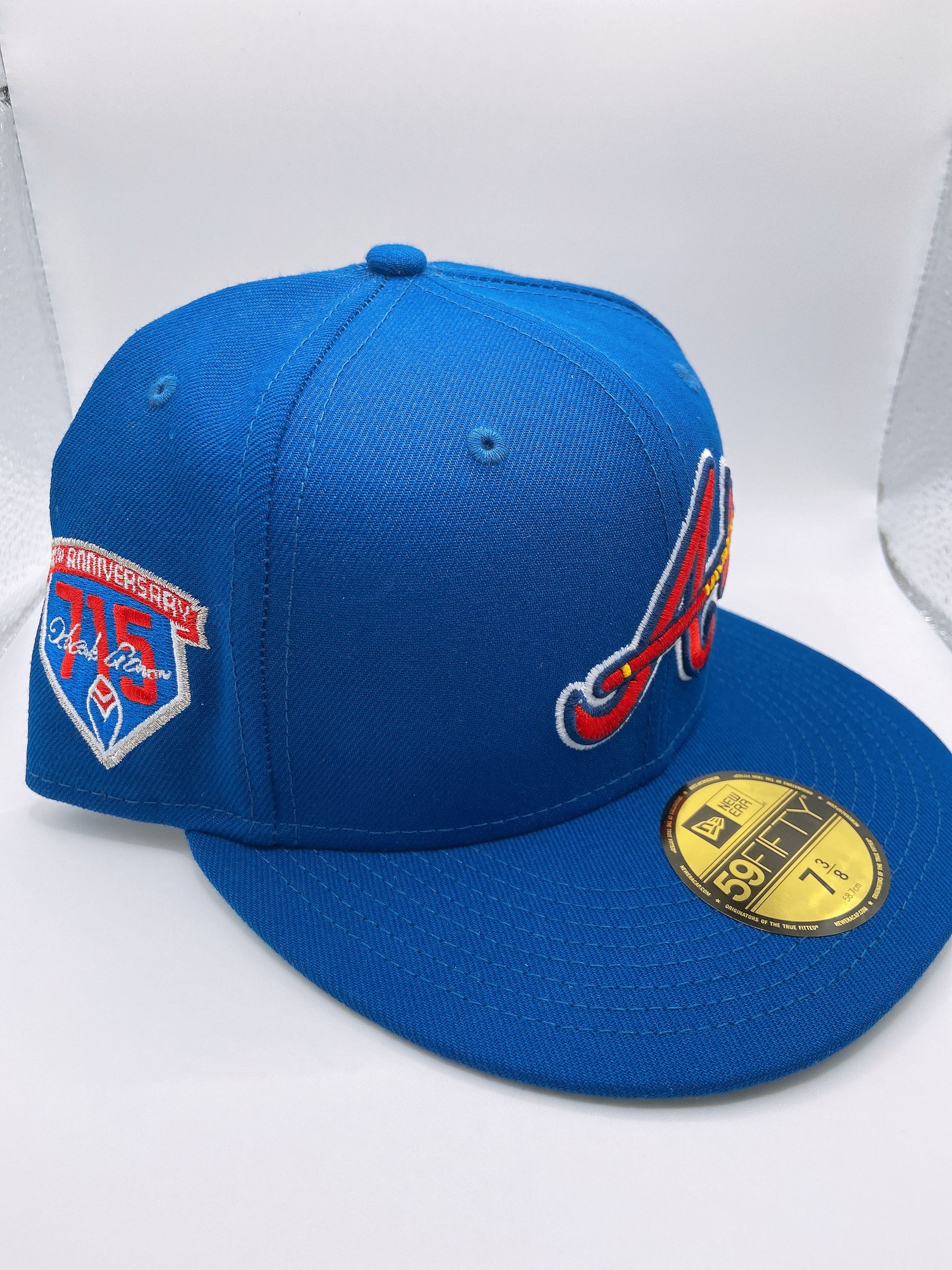 New Era Atlanta Braves Hank Aaron 715 Patch Feather Logo Fitted Hat Size 7  3/8