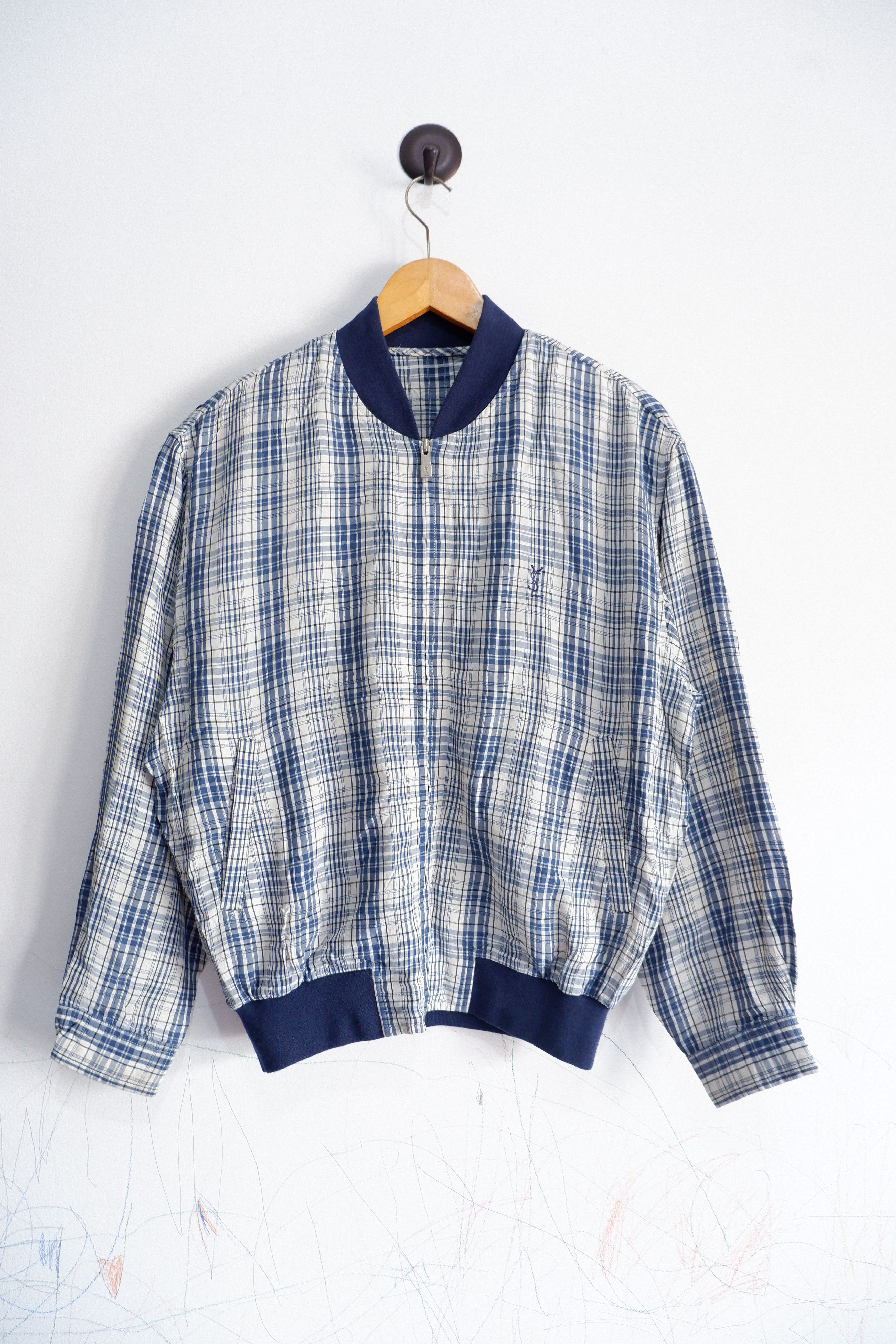 image of Vintage YSL Yvessaintlaurent Silk Bomber Jacket in Plaid, Men's (Size Medium)