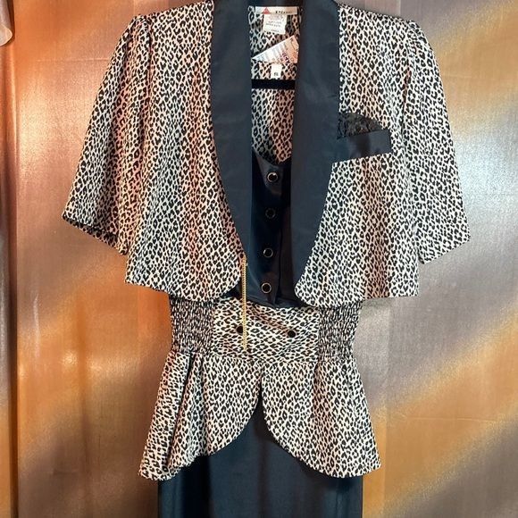 Vintage 90’s Pine Leopard 2 Piece Dress Peplum Tan Size S