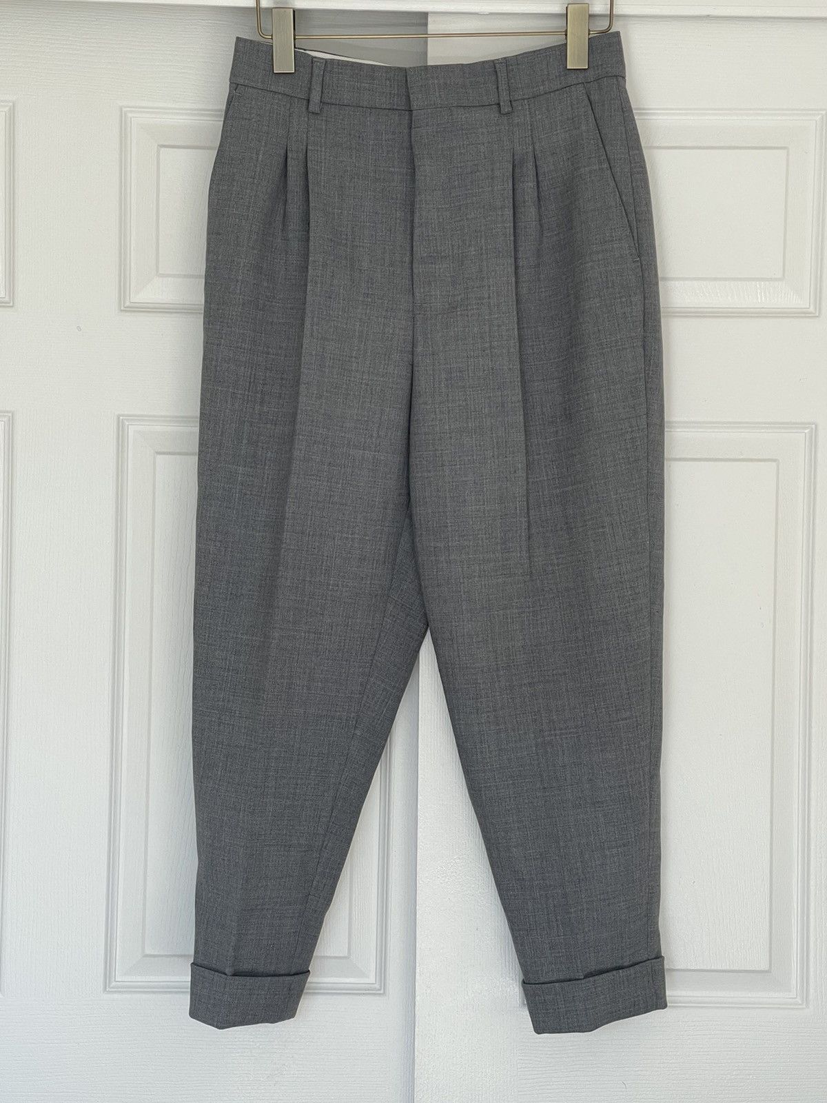 image of Ami Cropped Pleated Grey Trousers, Men's (Size 40R)