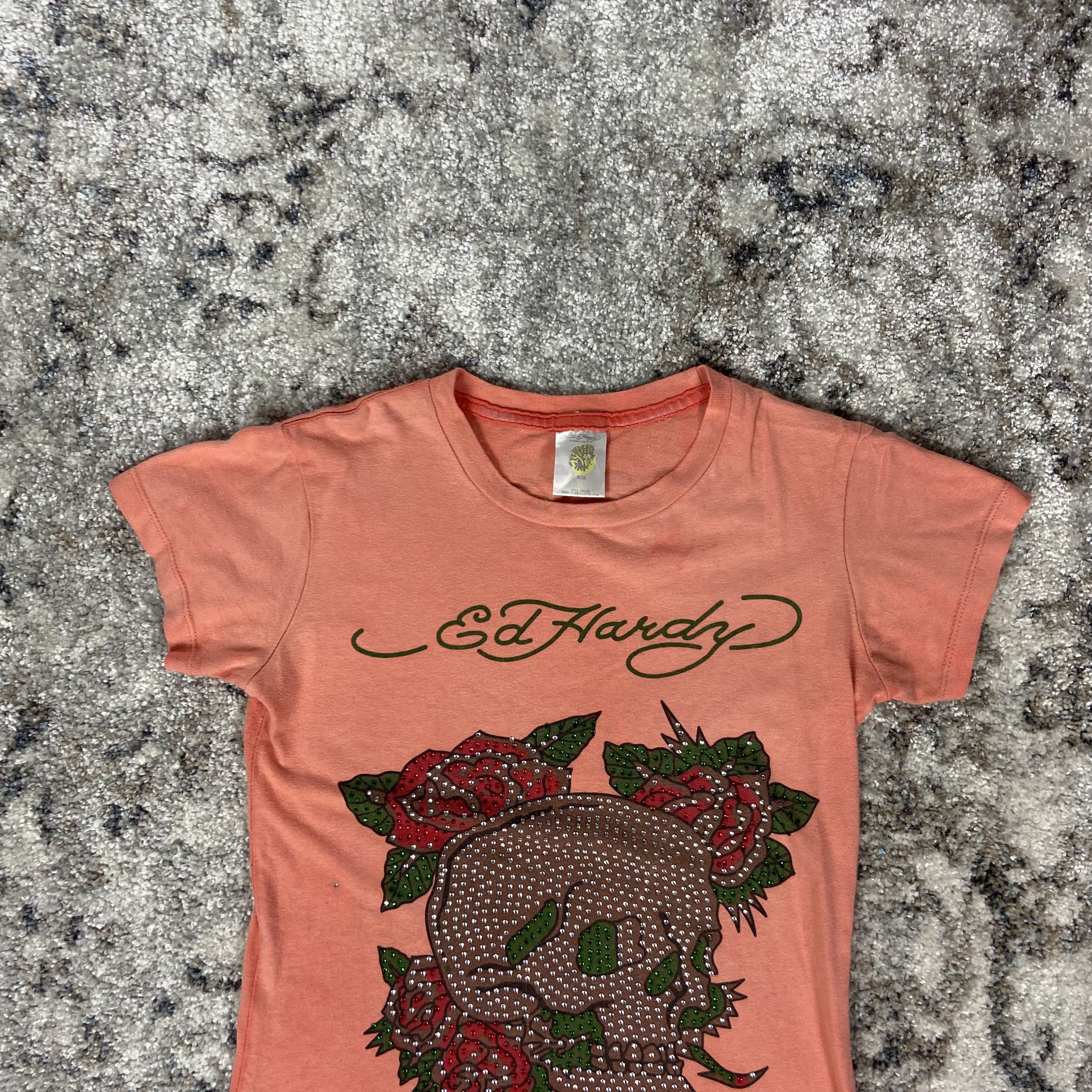 Christian Audigier ED HARDY PEACH Y2K PUNK SWAROVSKI RARE RETRO TOP TEE - 626 Size M / US 6-8 / IT 42-44 - 3 Thumbnail