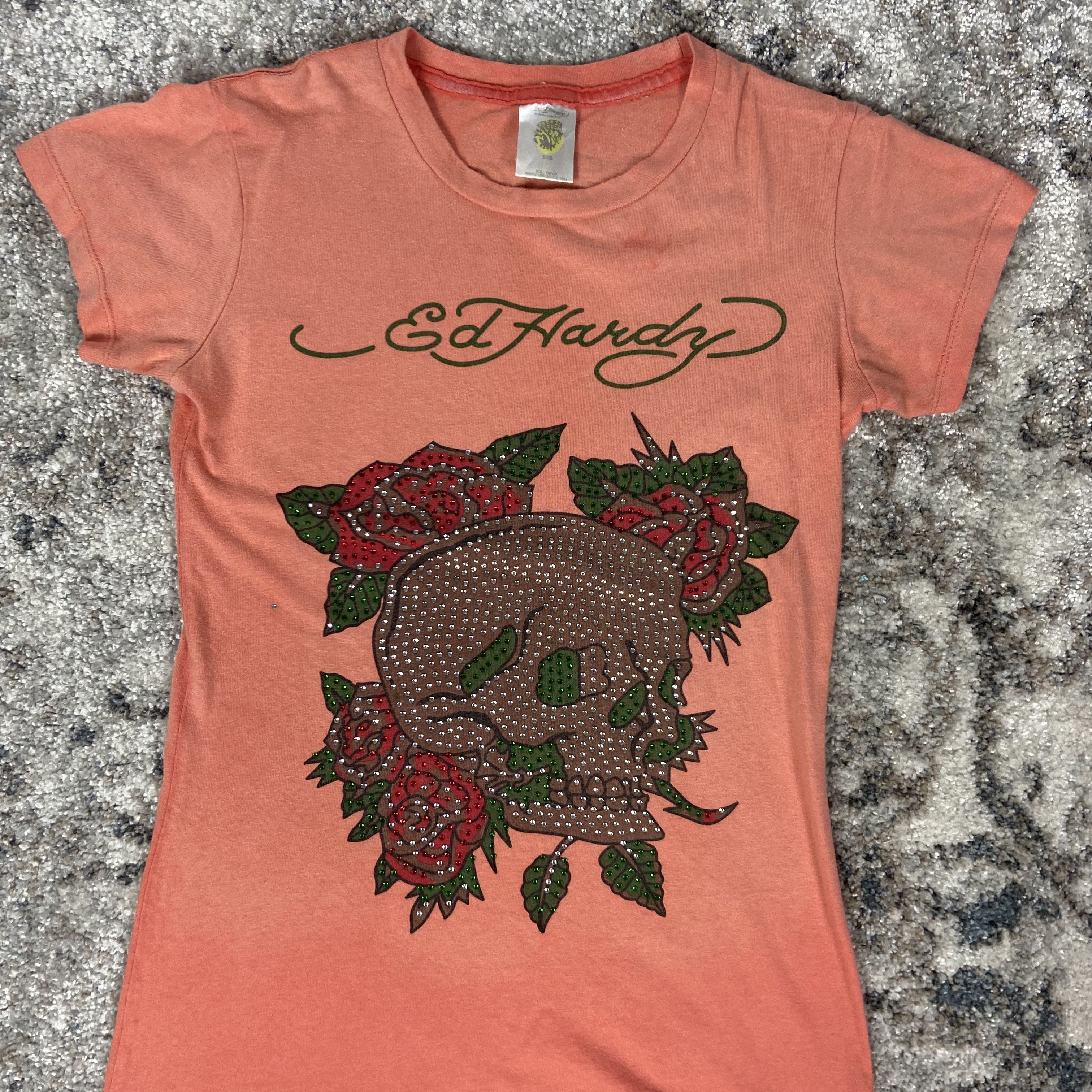 Christian Audigier ED HARDY PEACH Y2K PUNK SWAROVSKI RARE RETRO TOP TEE - 626 Size M / US 6-8 / IT 42-44 - 4 Thumbnail