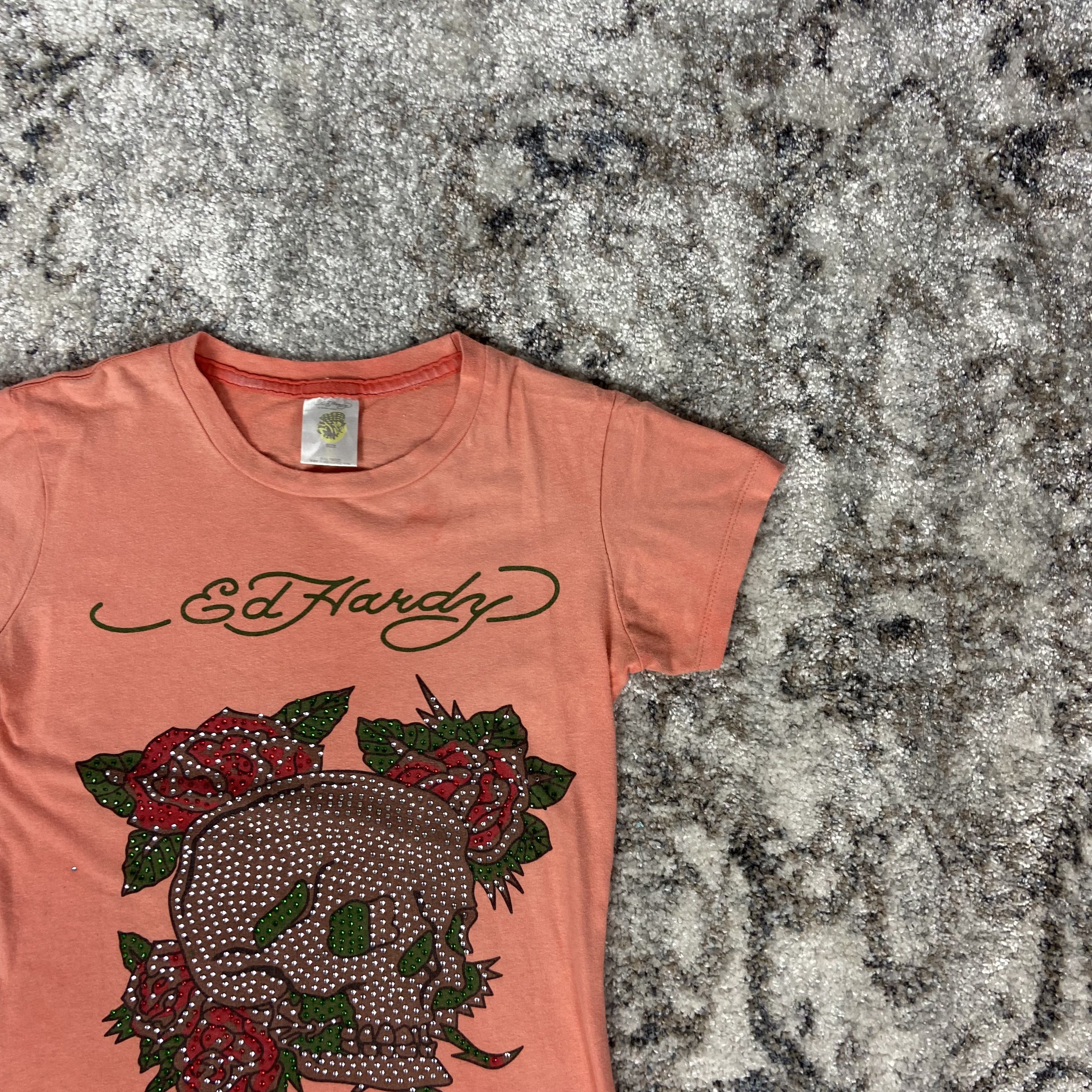 Christian Audigier ED HARDY PEACH Y2K PUNK SWAROVSKI RARE RETRO TOP TEE - 626 Size M / US 6-8 / IT 42-44 - 2 Thumbnail