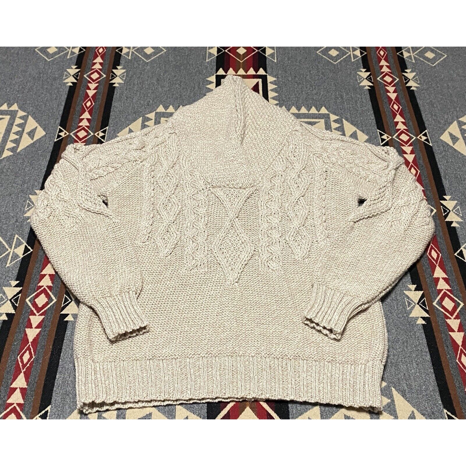 Vintage Inis Crafts Merino Wool Cream Cable Knit Shawl Sweater Made in ...