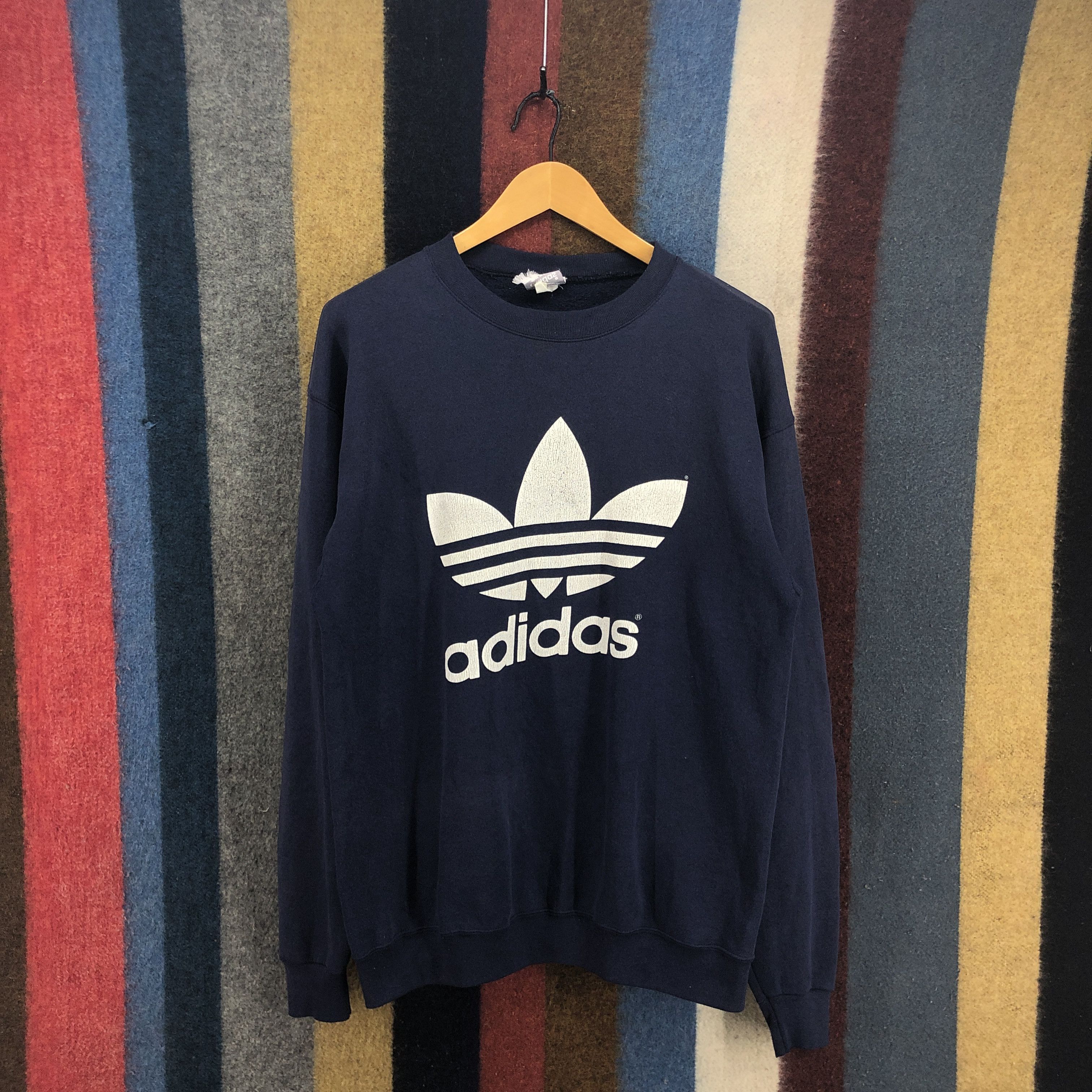 image of 80's Vintage Adidas Trifoil Crew Neck Sweatshirt 0573/y in Navy Blue, Men's (Size Medium)