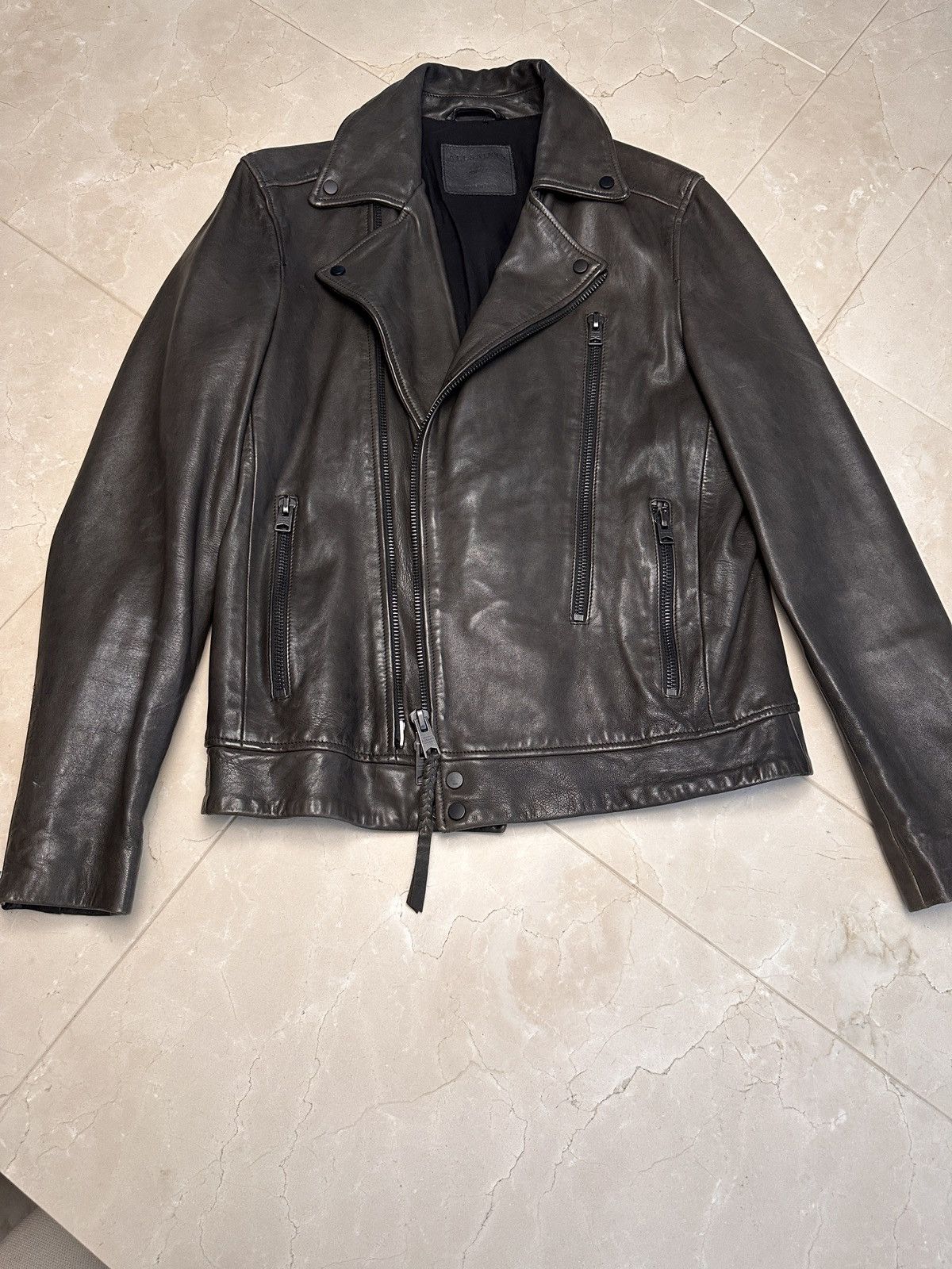 ALLSAINTS - BROWN LEATHER BATTERY BIKER JACKET
