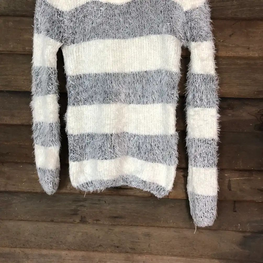 Aran Isles Knitwear × Japanese Brand × OVER THE STRiPES Groce White Stripe Shag Shaggy Fur Mohair Knitwear #705 Size M / US 6-8 / IT 42-44 - 3 Thumbnail