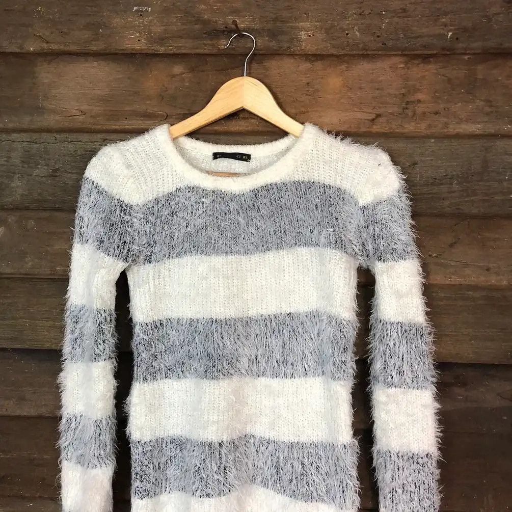 Aran Isles Knitwear × Japanese Brand × OVER THE STRiPES Groce White Stripe Shag Shaggy Fur Mohair Knitwear #705 Size M / US 6-8 / IT 42-44 - 2 Thumbnail