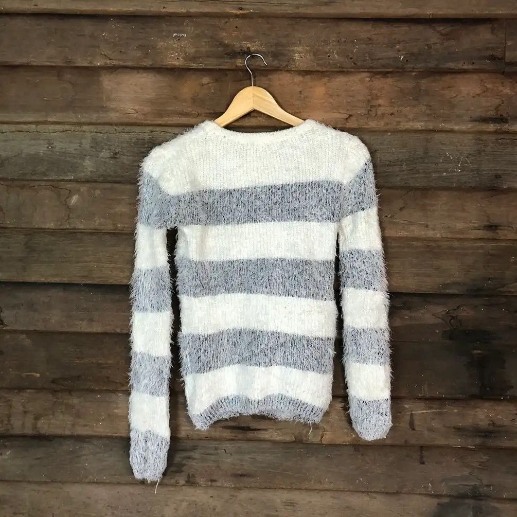 Aran Isles Knitwear × Japanese Brand × OVER THE STRiPES Groce White Stripe Shag Shaggy Fur Mohair Knitwear #705 Size M / US 6-8 / IT 42-44 - 11 Thumbnail