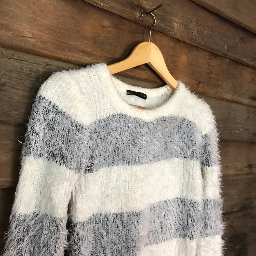 Aran Isles Knitwear × Japanese Brand × OVER THE STRiPES Groce White Stripe Shag Shaggy Fur Mohair Knitwear #705 Size M / US 6-8 / IT 42-44 - 6 Thumbnail