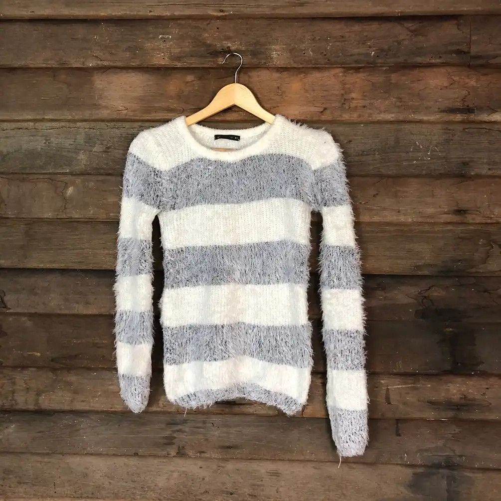 Groce White Stripe Shag Shaggy Fur Mohair Knitwear #705