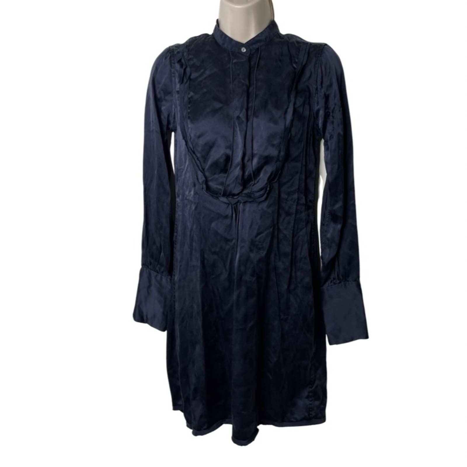 Nili Lotan Size XS Navy 100% Silk Tuxedo Shirt Dress