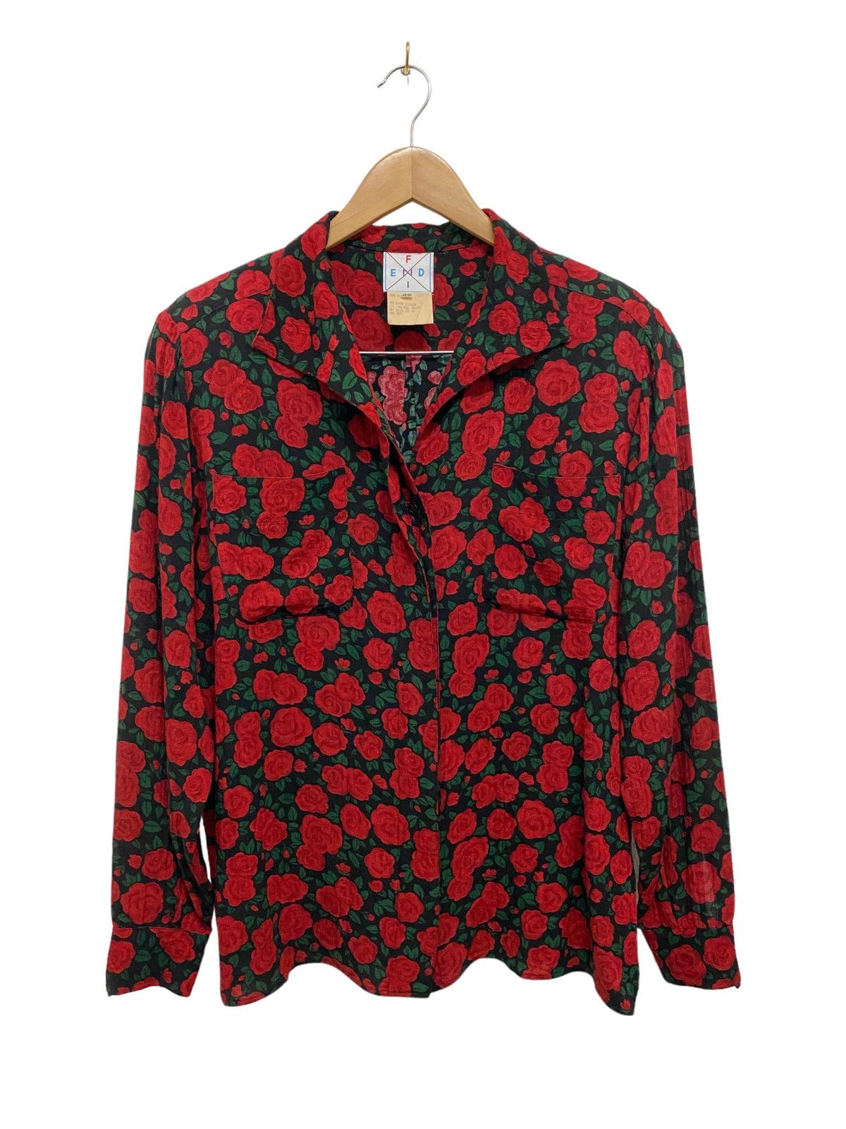 image of 70's Vintage Fendi Flowers Zucca Button Down in Black Red Green, Women's (Size Large)
