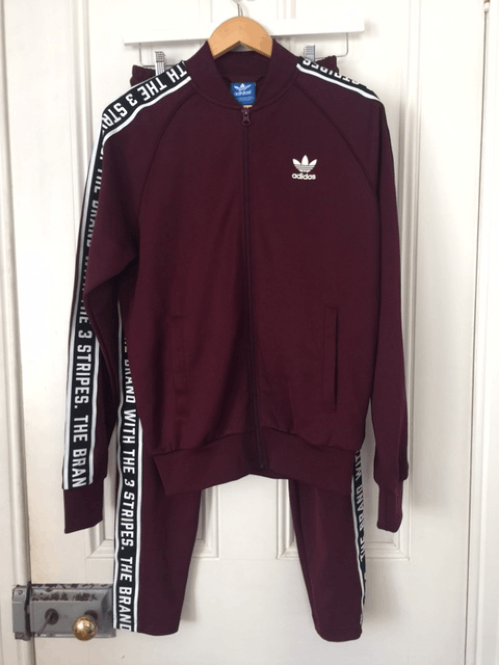 image of Adidas The Brand With The Three Stripes Tracksuit in Maroon, Men's (Size Small)