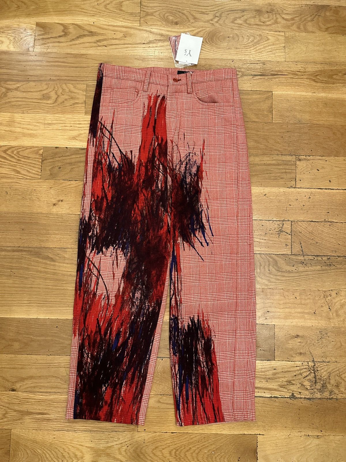 Pre-owned Yohji Yamamoto X Ys Red Wool Houndstooth Graphic Pants