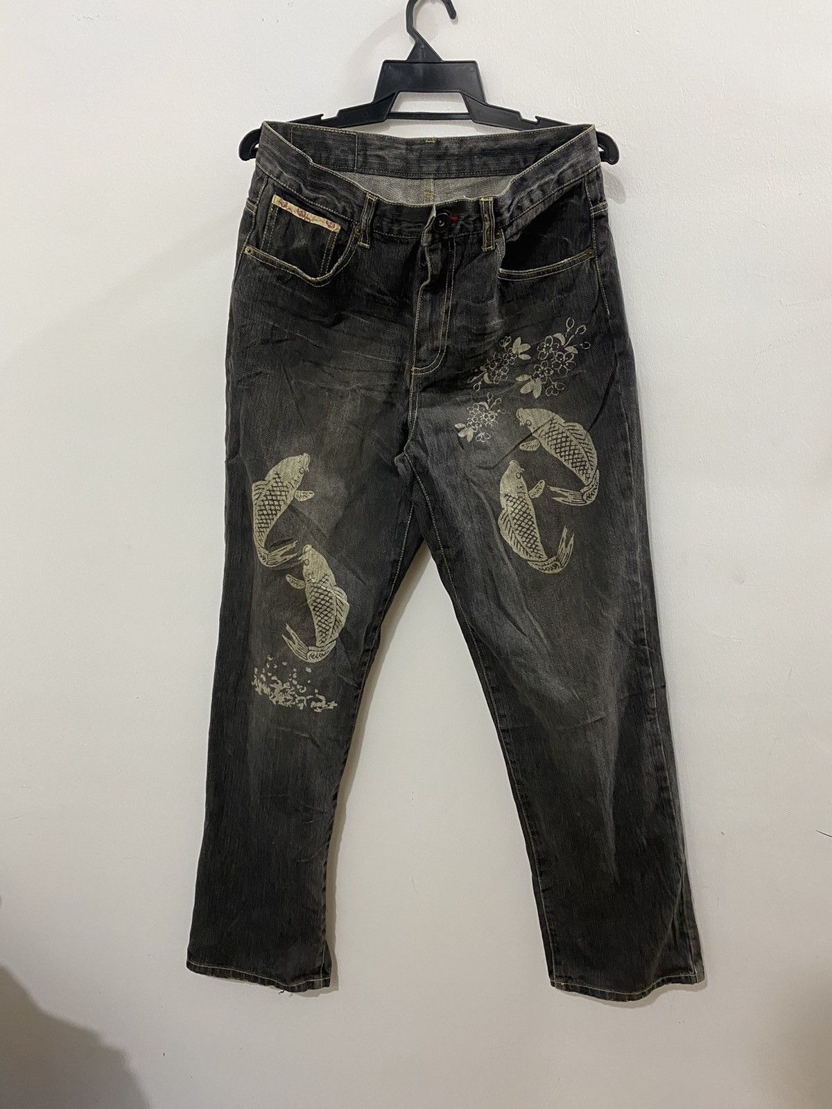 Japanese Brand Vintage Karakuri American Rapper Jeans Print Koi Fish Size US 31 - 4 Thumbnail