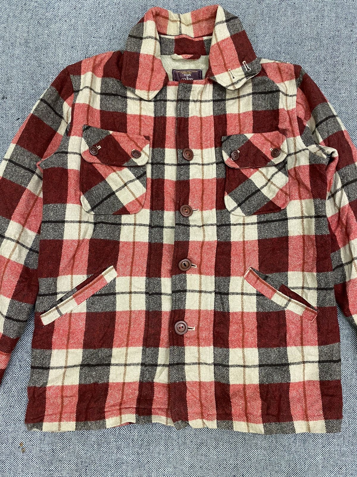 Flannel × Japanese Brand × Vintage Vintage Town & Country Wool Checkered Sherpa Flannel Jacket Size US M / EU 48-50 / 2 - 3 Thumbnail