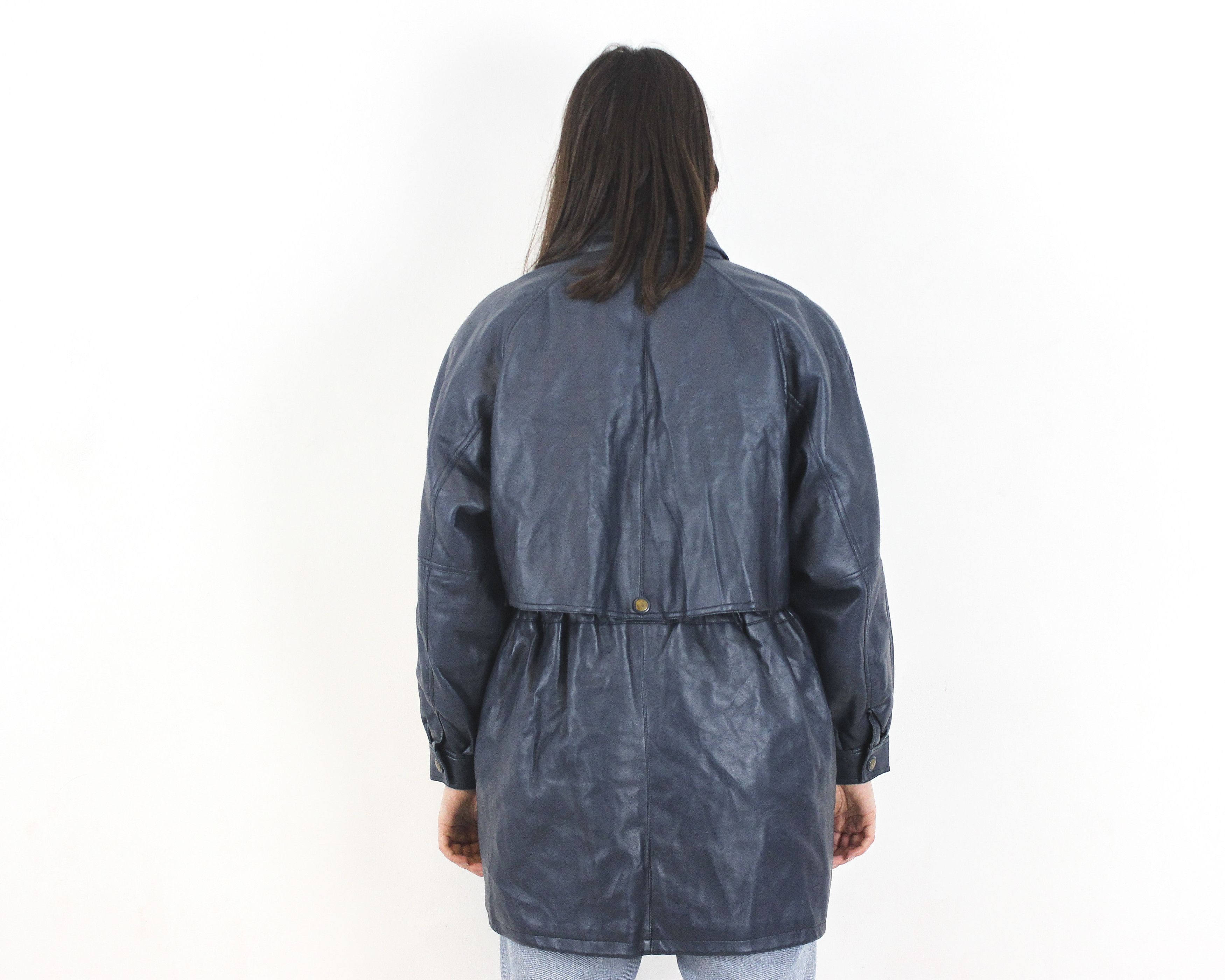 Other × Vintage Real Leather Jacket Over Coat Zip Up Blazer Navy Moto Biker Size L / US 10 / IT 46 - 6 Thumbnail