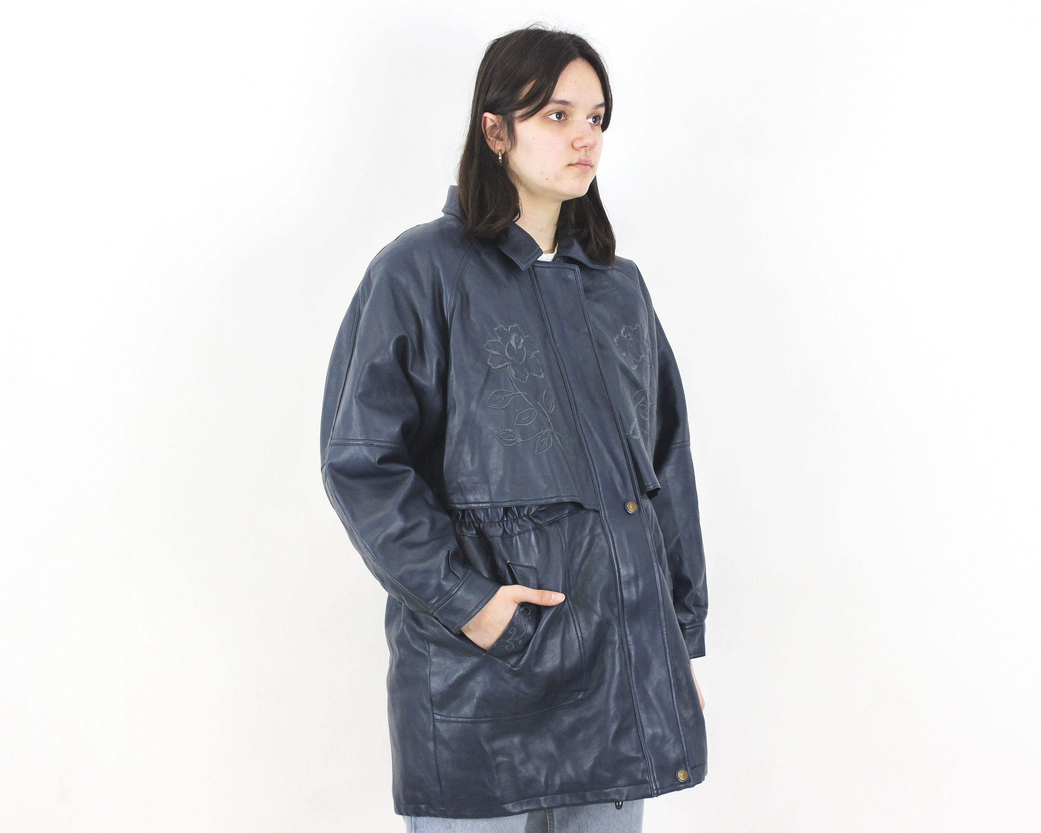 Other × Vintage Real Leather Jacket Over Coat Zip Up Blazer Navy Moto Biker Size L / US 10 / IT 46 - 2 Thumbnail