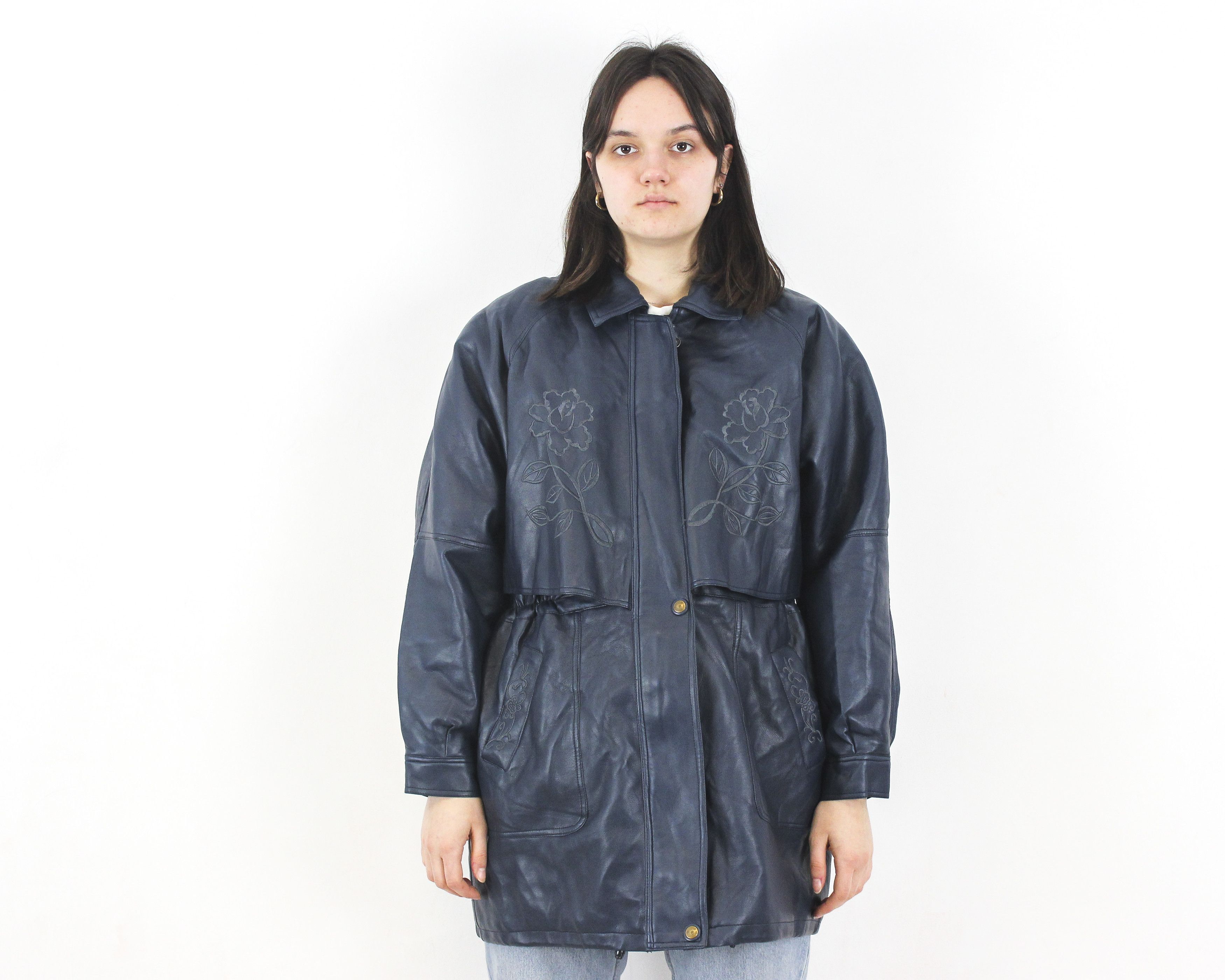 Other × Vintage Real Leather Jacket Over Coat Zip Up Blazer Navy Moto Biker Size L / US 10 / IT 46 - 1 Thumbnail