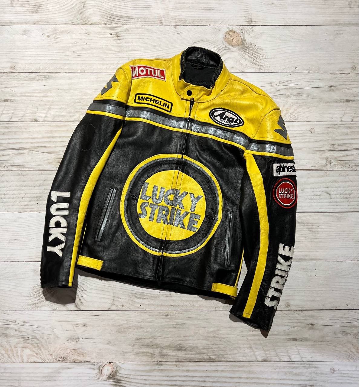 image of Vintage Lucky Strike Racing Biker Leather Jacket Motorcycle in Yellow, Men's (Size Small)