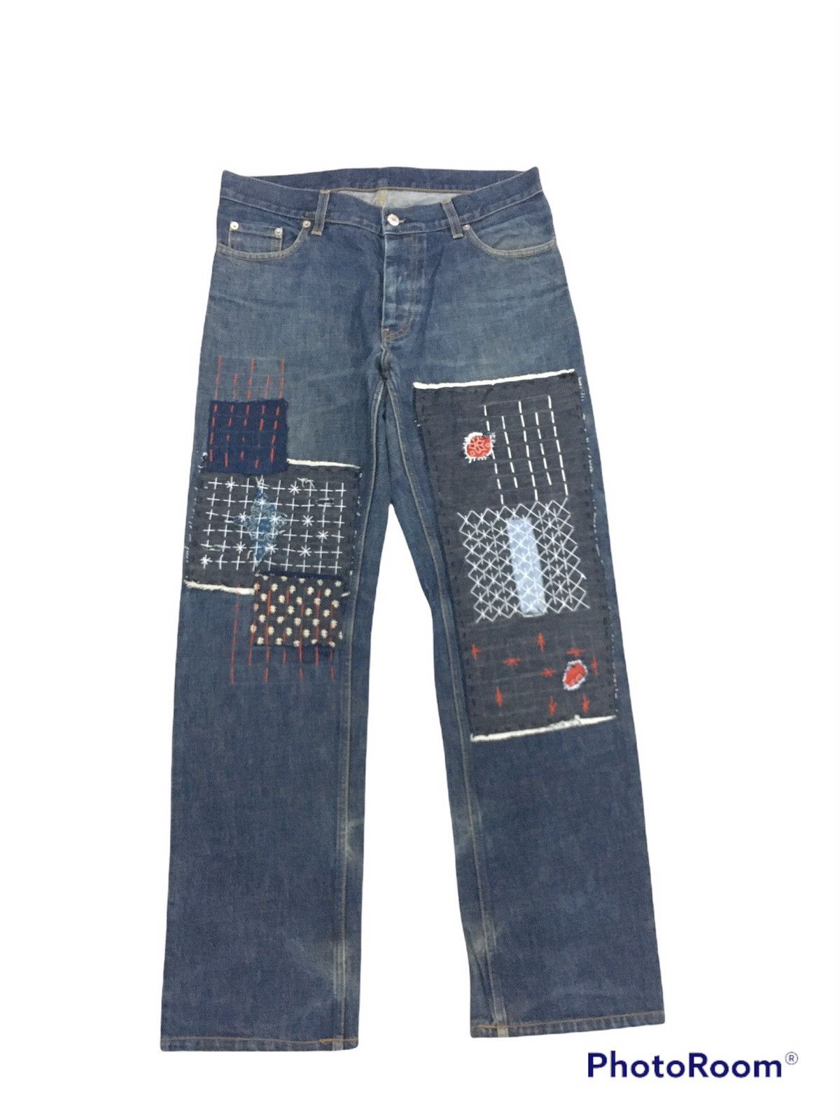image of Helmut Lang Sashiko Patches Denim Pants in Blue, Men's (Size 34)
