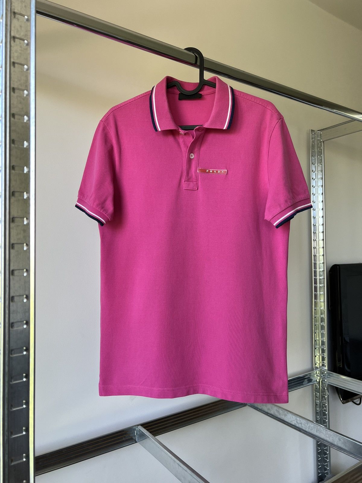 Prada Prada linea rossa red logo pink rose polo shirt | Grailed