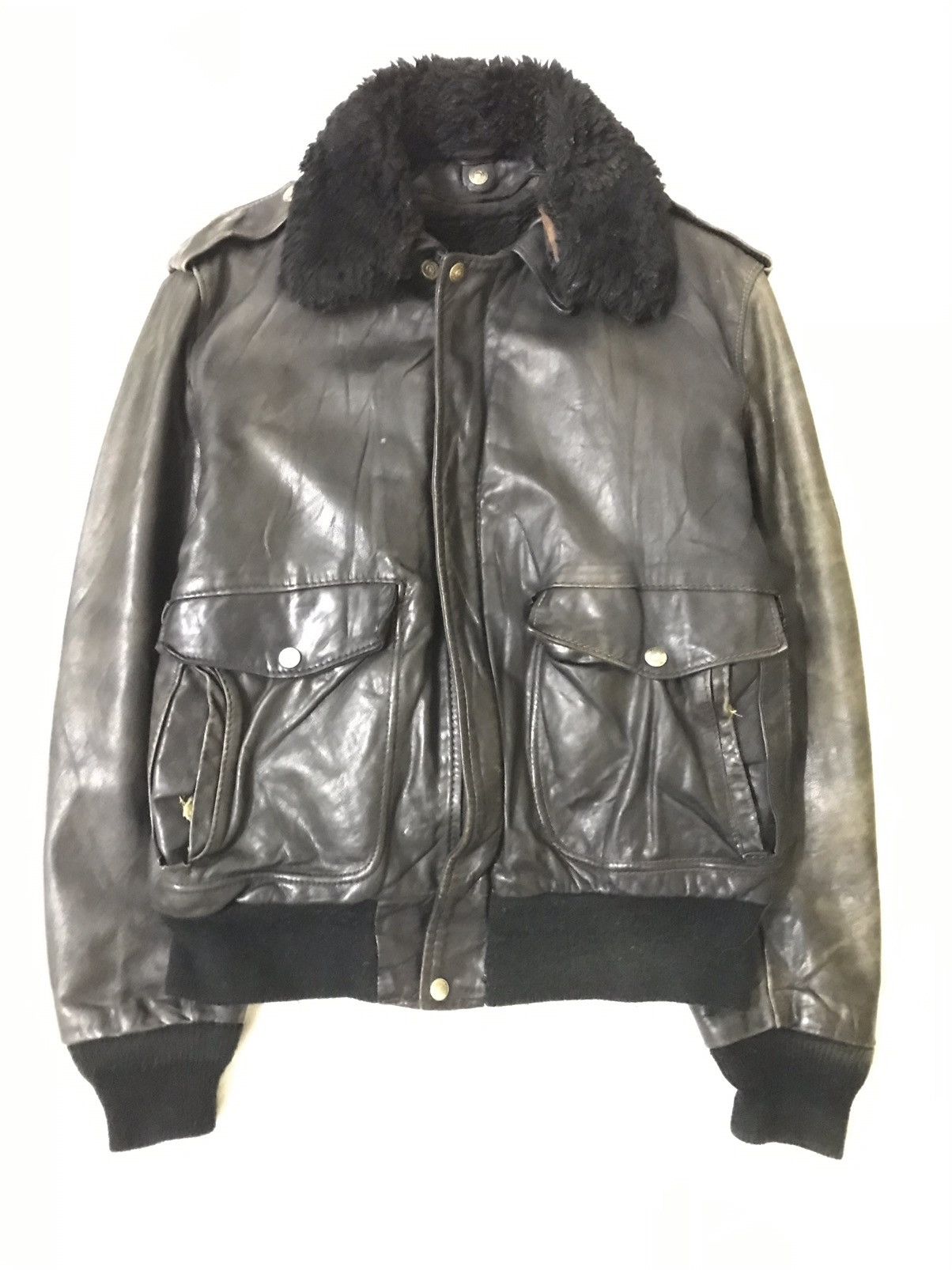SCHOTT Black Leather Fur Collar Bomber Jacket