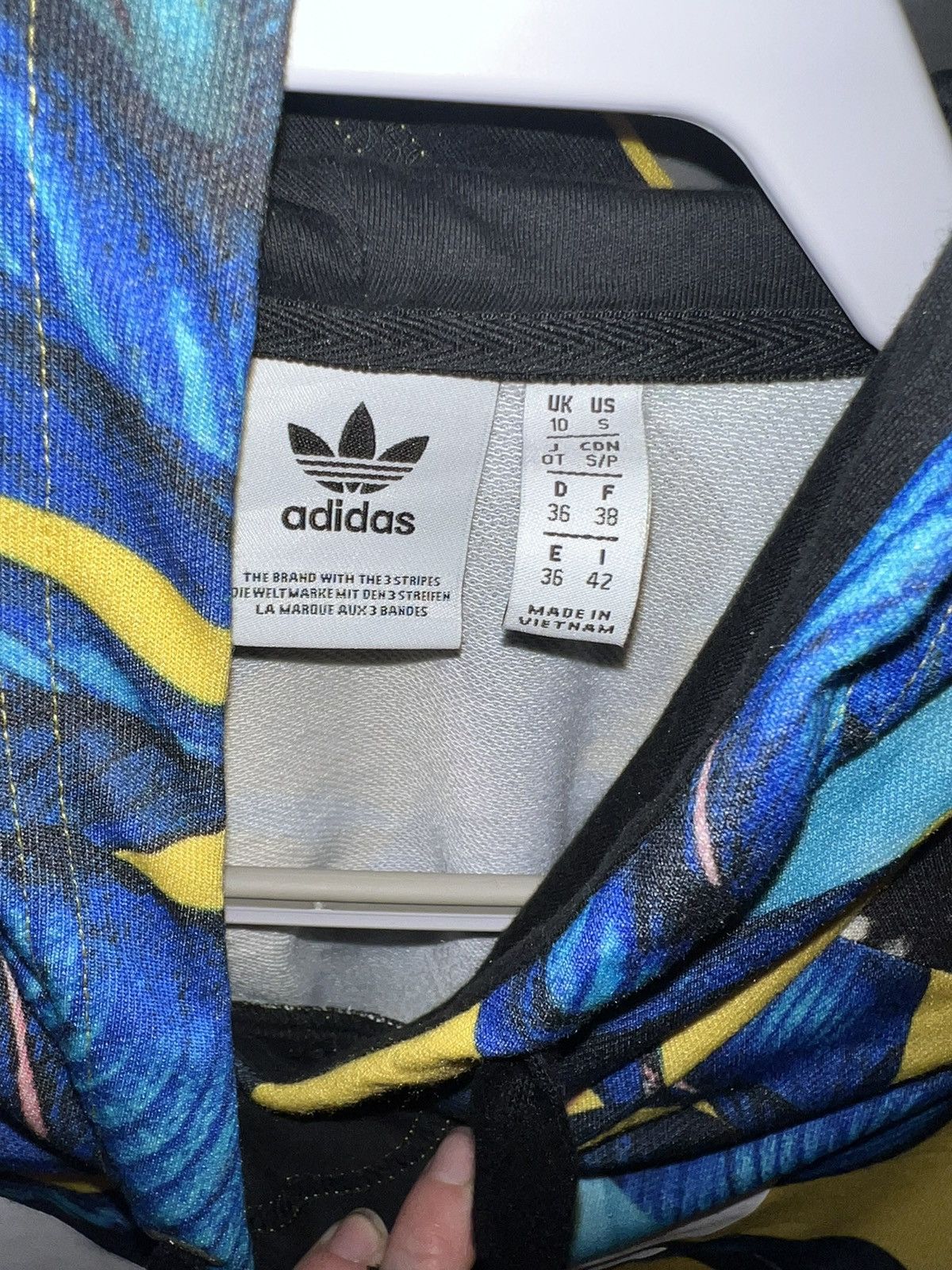 Adidas Farm Rio firebird blue/yellow hoodie store and leggings.