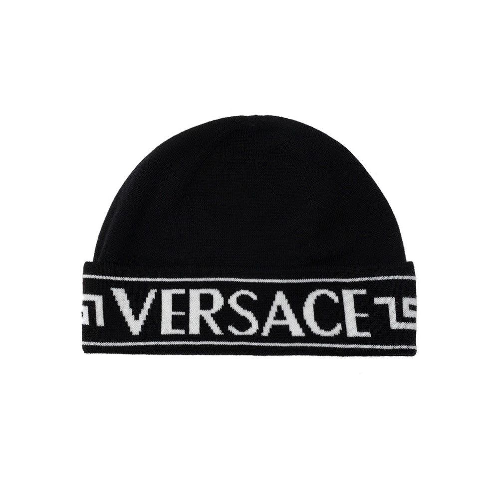 Versace Versace Greca Logo Wool Jacquard Knitted Black Beanie Hat | Grailed