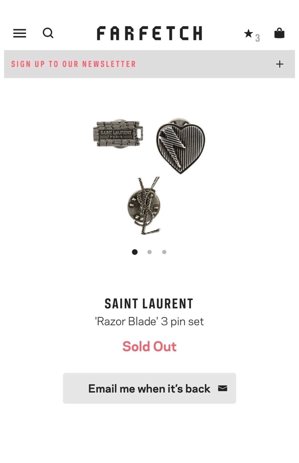 Saint Laurent Paris Razor Blade 3-Pin Set In Oxidized Silver Tone Brass Size ONE SIZE - 4 Thumbnail