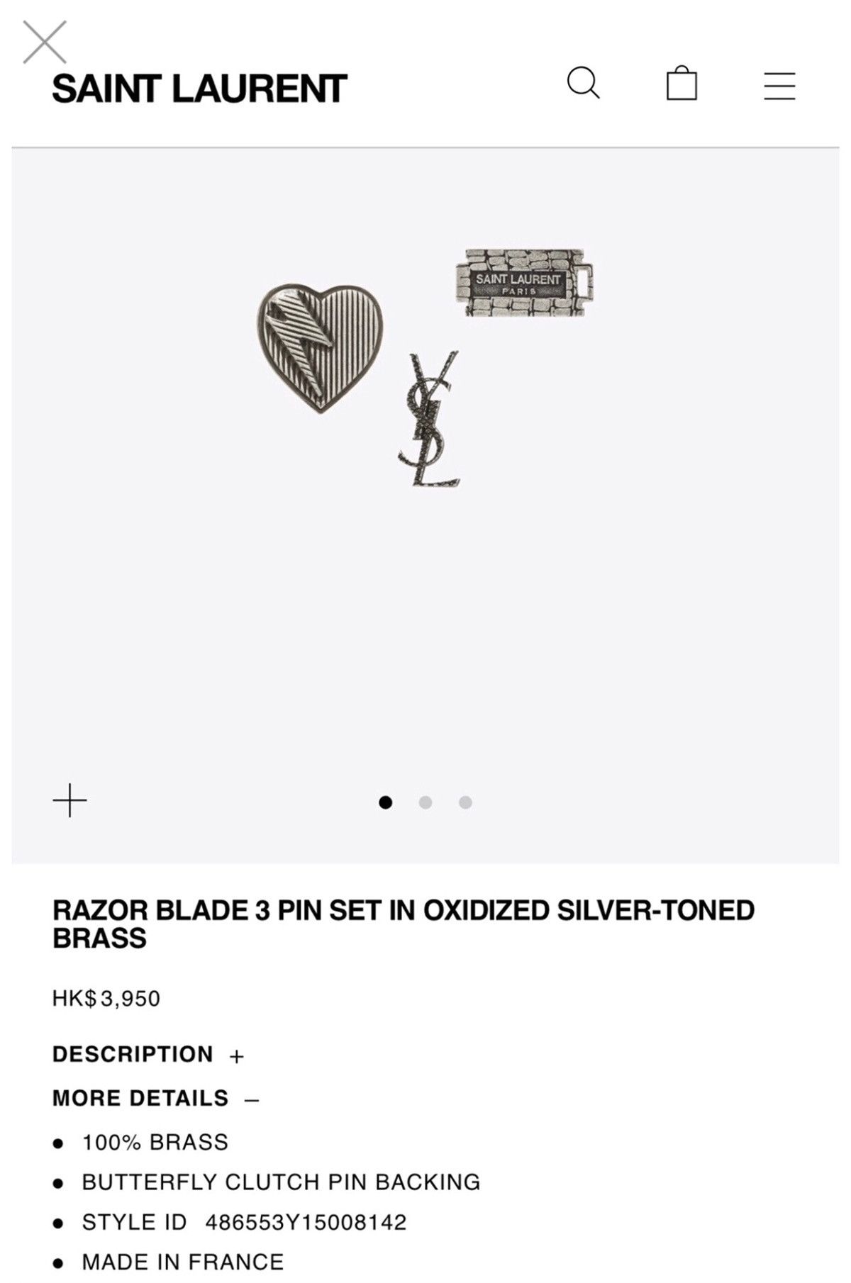 Saint Laurent Paris Razor Blade 3-Pin Set In Oxidized Silver Tone Brass Size ONE SIZE - 3 Thumbnail