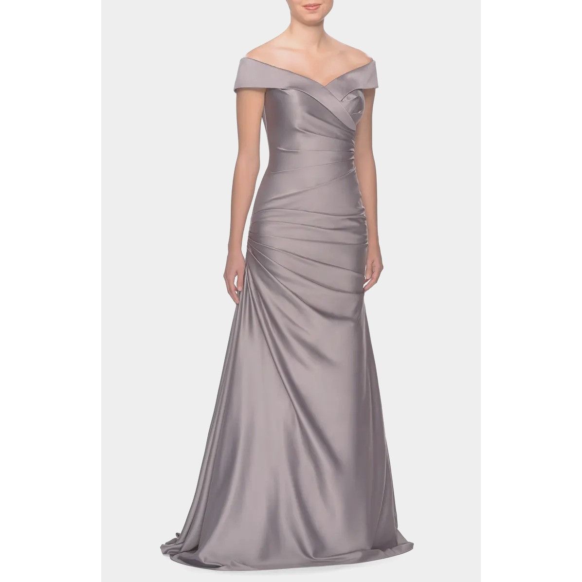 New 428$ La Femme Womens 4 Platinum Off Shoulder Satin Gown