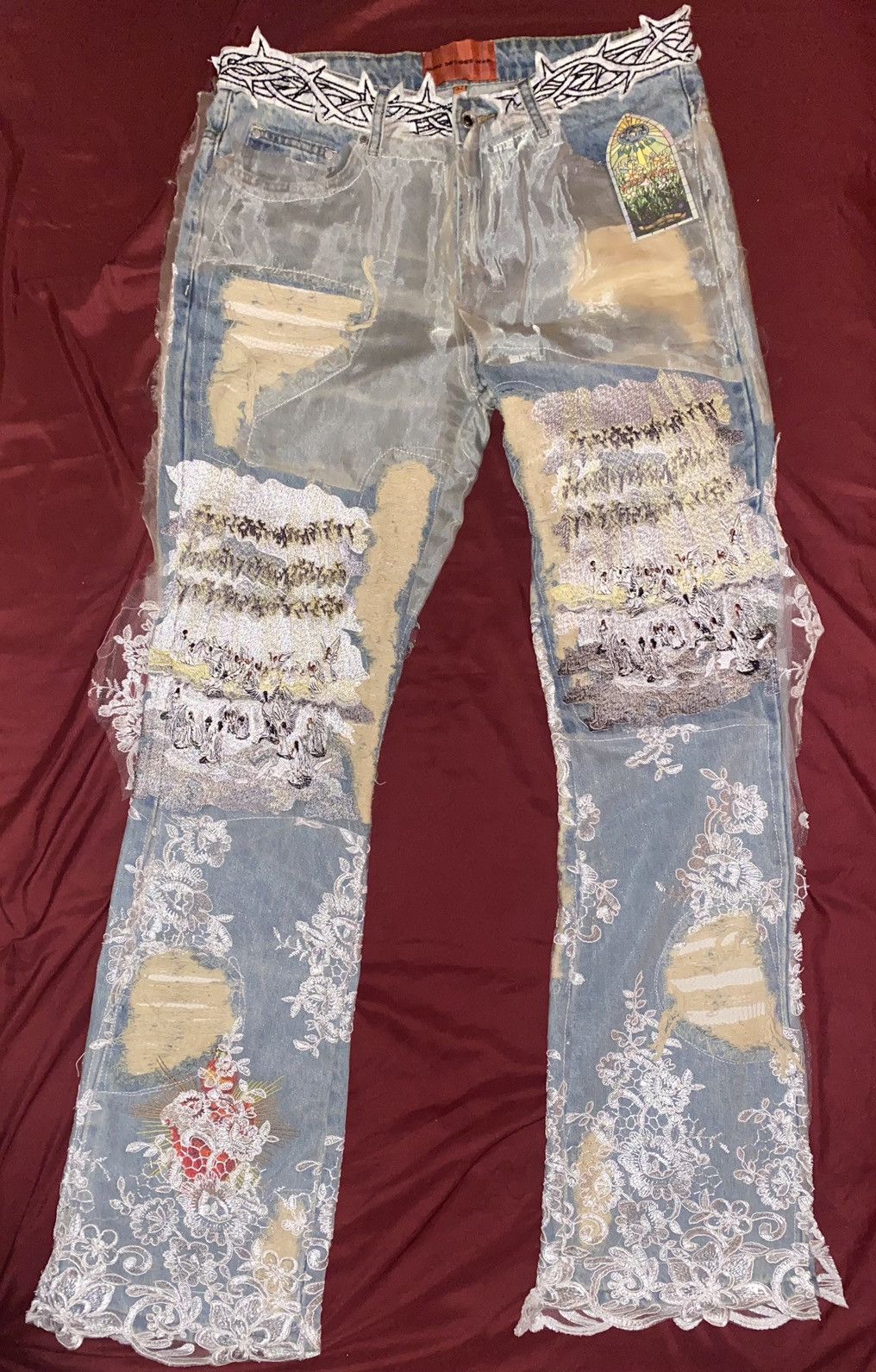 image of Ev Bravado x Who Decides War Sacred Straight-Leg Jeans in Sky Blue/Pale Yellow/White (Size 32)