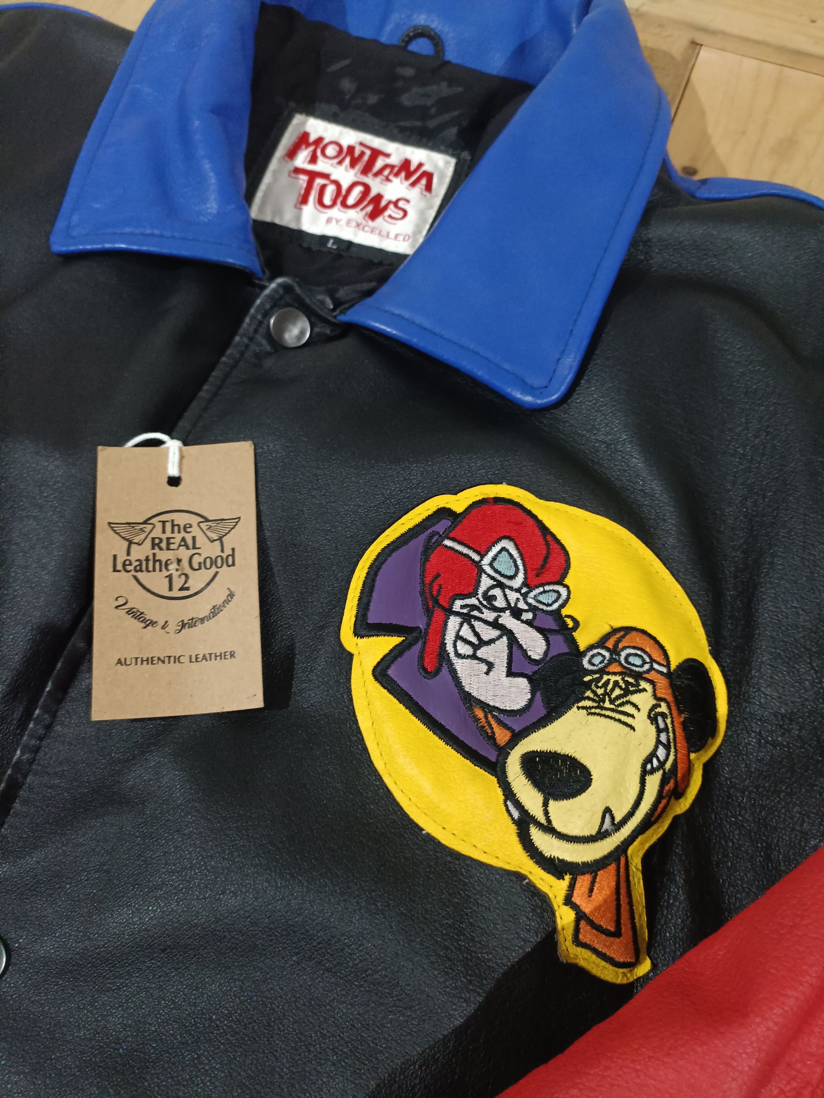 VTG 90'S DASTARDLY MUTTLEY LEATHER VARSITY JACKET COLORBLOCK