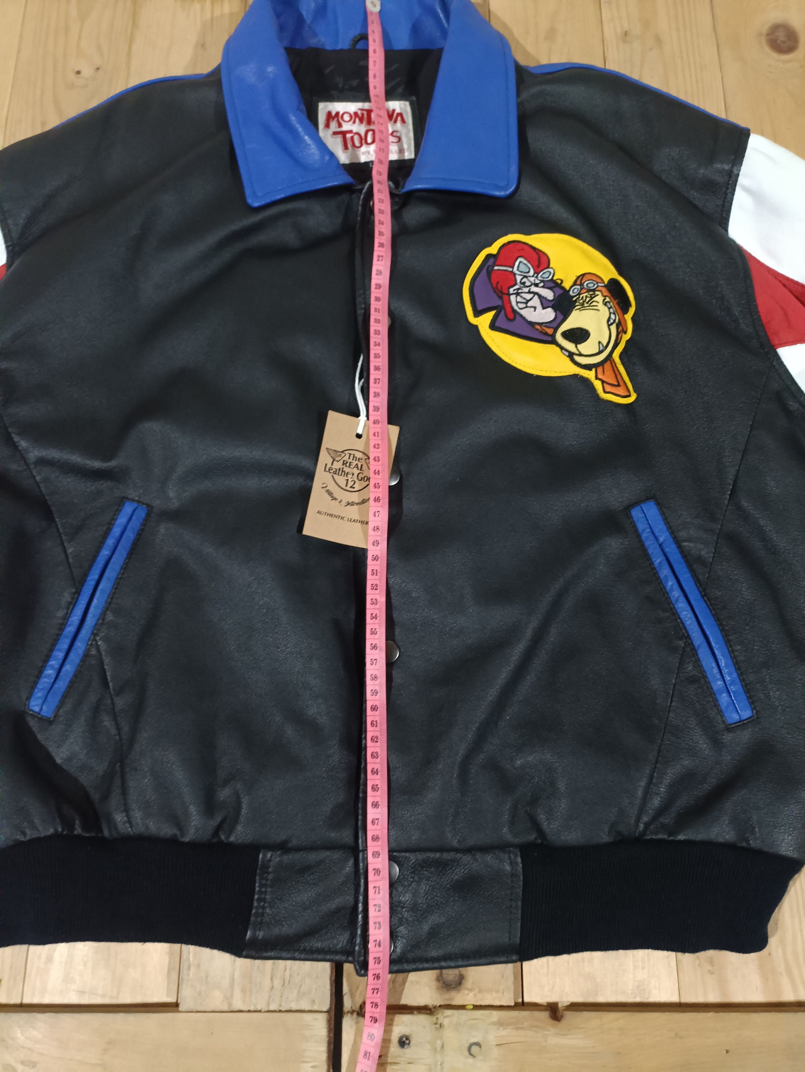 VTG 90'S DASTARDLY MUTTLEY LEATHER VARSITY JACKET COLORBLOCK